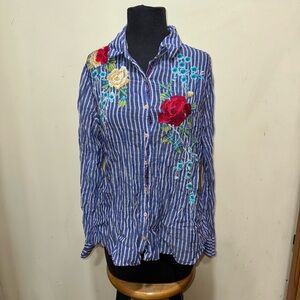 Woman’s Johnny Was long sleeve shirt top blouse embroidered floral striped